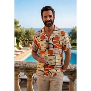 Venissac Mens Large Abstract Geometric Short Sleeve Button Up Camp Shirt Orange